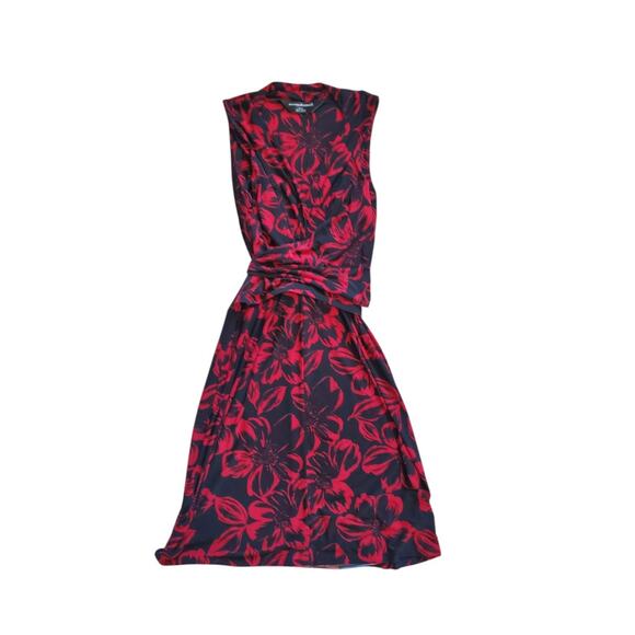 Norma Kamali Red Black Floral Tie Front Stretch Jersey Knit Mini Dress, Medium - Picture 1 of 9